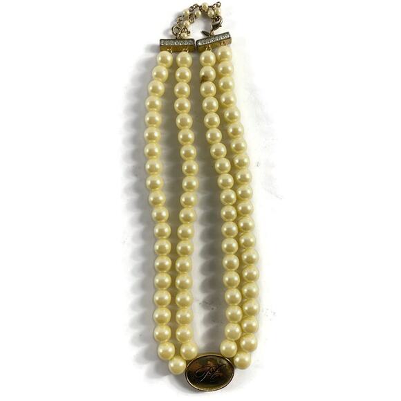 Avon President's Club Faux Pearls Necklace Double String Rhinestones Accents - Picture 7 of 7